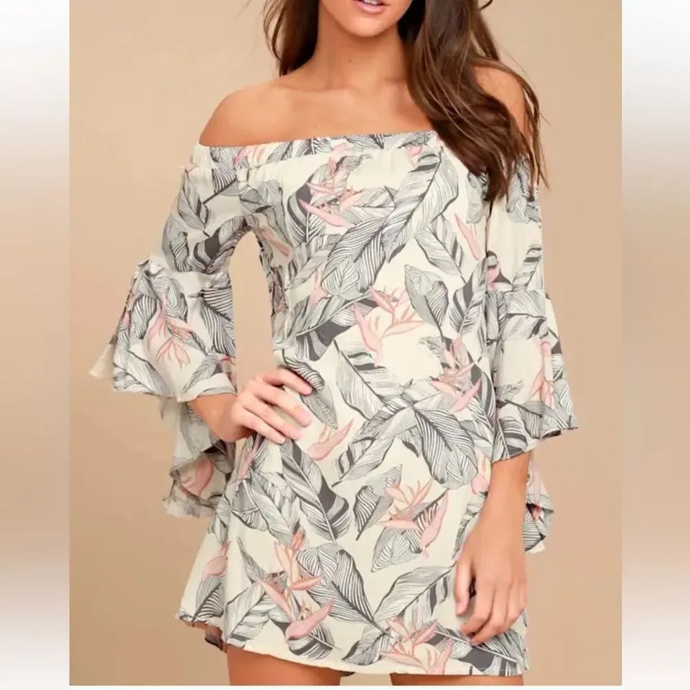 Sun-Drenched Daydream Beige Floral Print Off-the-Shoulder Dress
